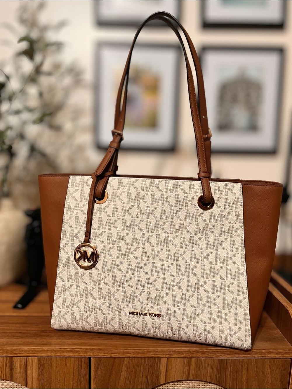 Michael Kors Brown and Cream MK Logo Tote